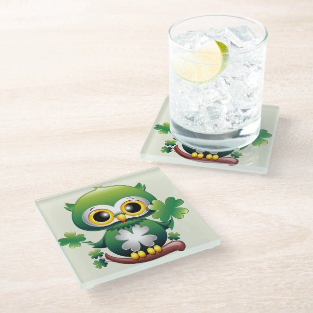 Baby Owl Cute St Patrick Cartoon Glass Coaster (Angled)