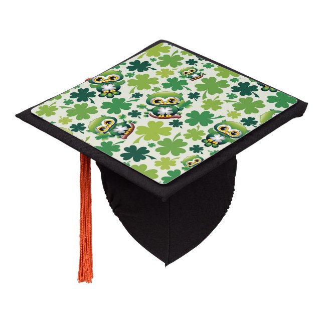 Baby Owl Cute St Patrick Cartoon Graduation Cap Topper (Angled)