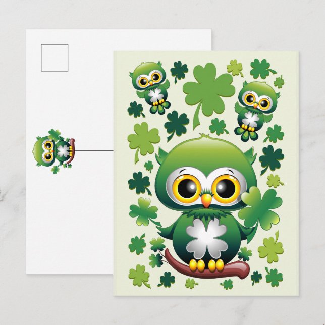 Baby Owl Cute St Patrick Cartoon Invitation Postcard (Front/Back)
