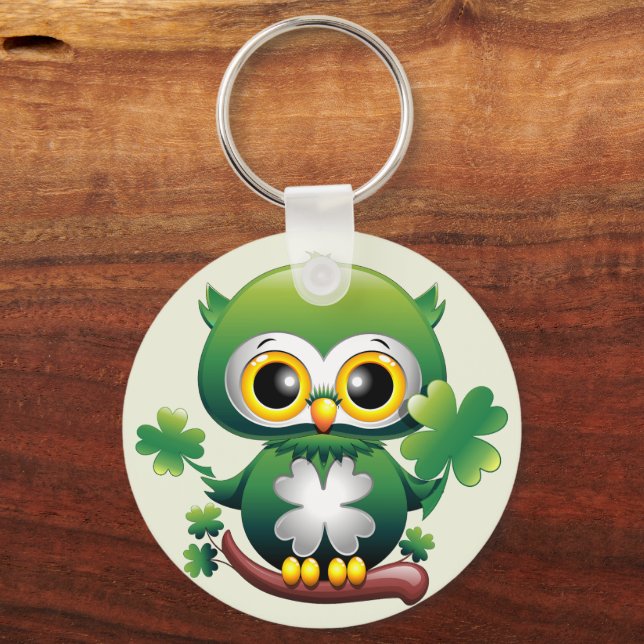 Baby Owl Cute St Patrick Cartoon Keychain (Front)