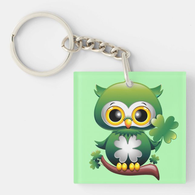 Baby Owl Cute St Patrick Cartoon Keychain (Front)