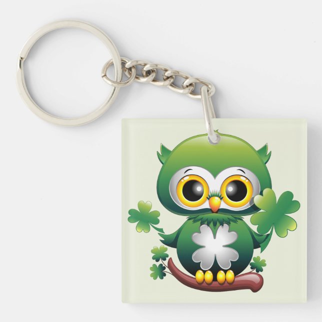 Baby Owl Cute St Patrick Cartoon Keychain (Front)