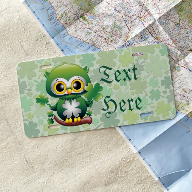 Baby Owl Cute St Patrick Cartoon License Plate (In Situ)