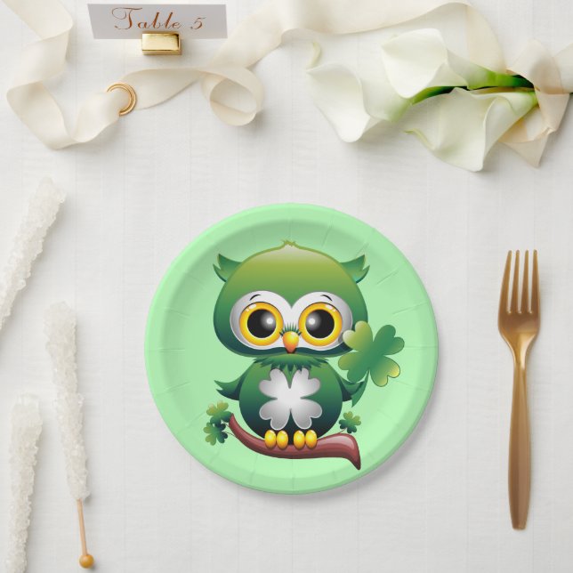 Baby Owl Cute St Patrick Cartoon Paper Plates (Wedding)