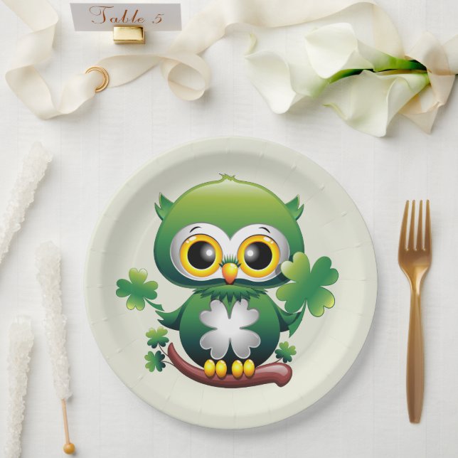 Baby Owl Cute St Patrick Cartoon Paper Plates (Wedding)