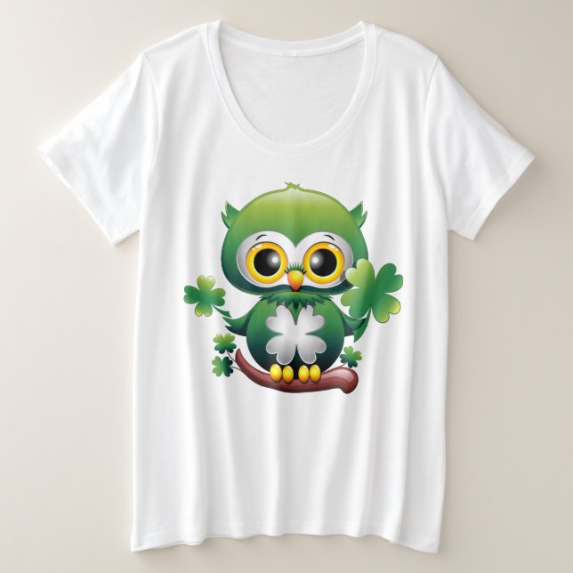 Baby Owl Cute St Patrick Cartoon Plus Size T-Shirt (Design Front)