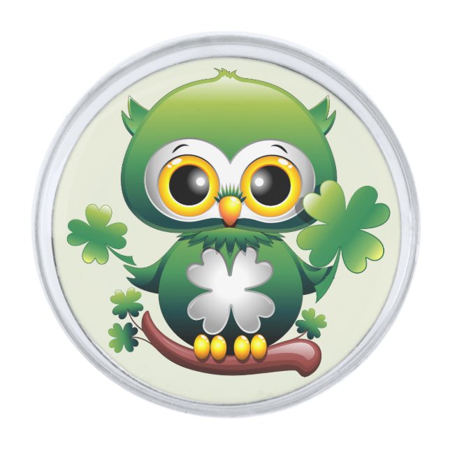 Baby Owl Cute St Patrick Cartoon Silver Finish Lapel Pin (Front)