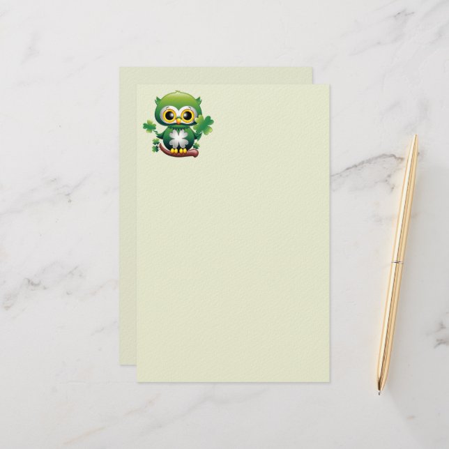 Baby Owl Cute St Patrick Cartoon Stationery (Front/Back In Situ)