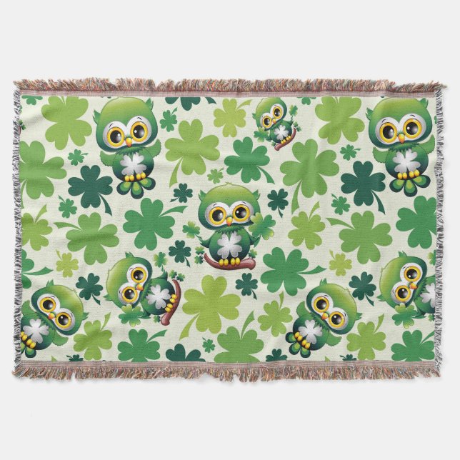 Baby Owl Cute St Patrick Cartoon Throw Blanket (Front)