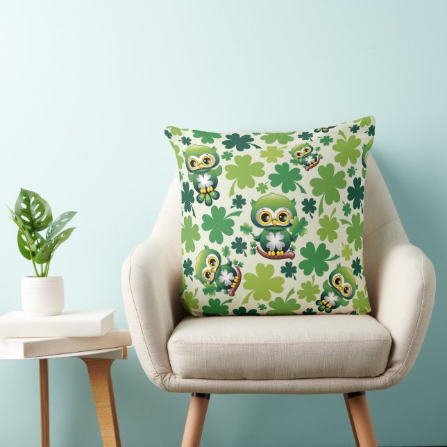 Baby Owl Cute St Patrick Cartoon Throw Pillow (Chair)