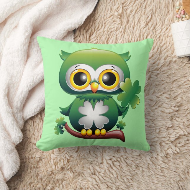 Baby Owl Cute St Patrick Cartoon Throw Pillow (Blanket)
