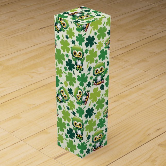 Baby Owl Cute St Patrick Cartoon Wine Box (Front)
