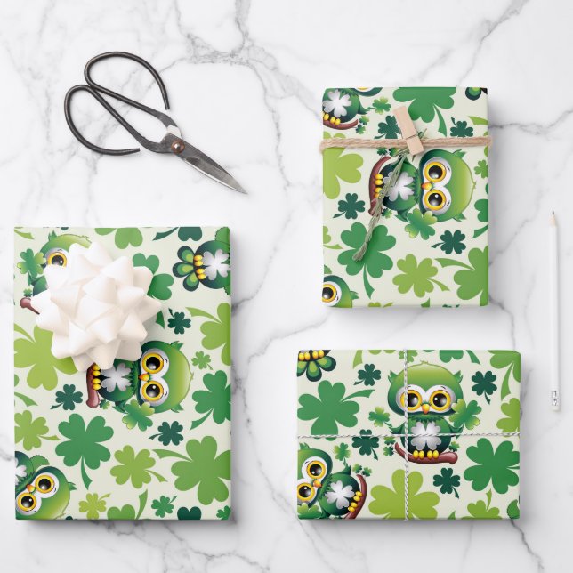 Baby Owl Cute St Patrick Cartoon Wrapping Paper Sheets (Front)