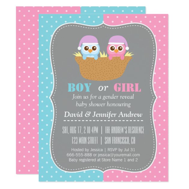 Baby Owl Gender Reveal Party Polka Dots Invitation