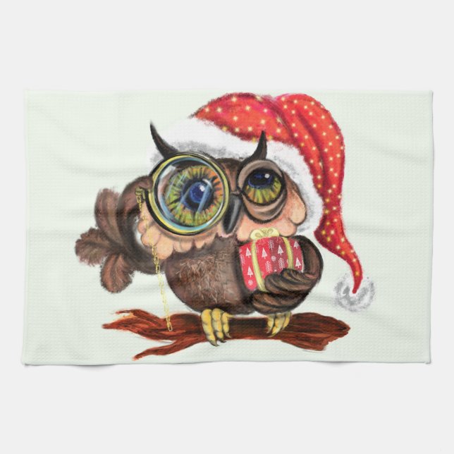 Baby Owl In Christmas Hat and Gift Kitchen Towel (Horizontal)