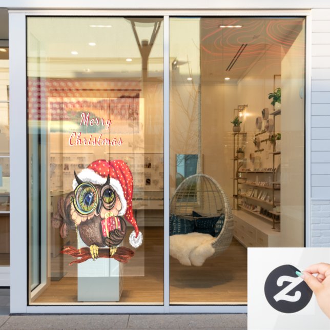 Baby Owl In Christmas Hat and Gifts For Everyone Window Cling (Store Window)