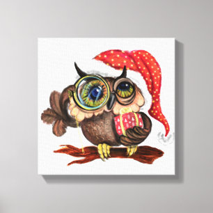 Baby Owl In Christmas Hat Canvas Print
