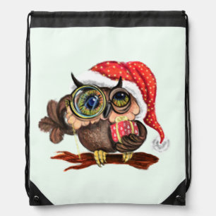 Baby Owl In Christmas Hat Drawstring Bag