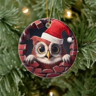 Baby Owl in Santa Hat - 3D Ceramic Ornament