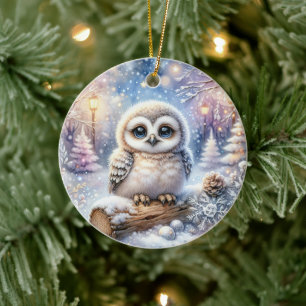 Baby Owl in Snowlight Ceramic Ornament