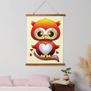 Baby Owl Love Heart Cartoon  Hanging Tapestry
