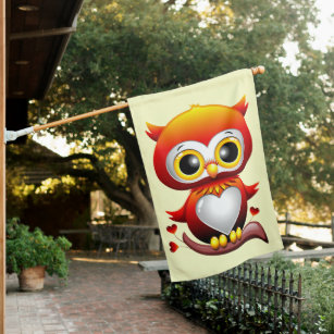 Baby Owl Love Heart Cartoon  House Flag