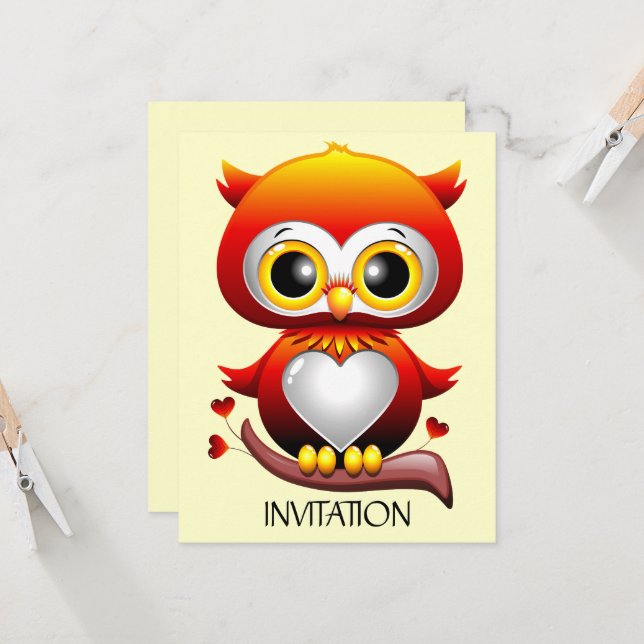 Baby Owl Love Heart Cartoon  Invitation (Front/Back In Situ)