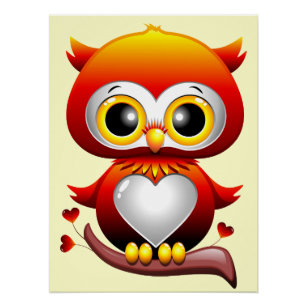 Baby Owl Love Heart Cartoon  Poster
