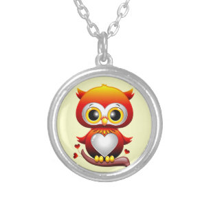Baby Owl Love Heart Cartoon  Silver Plated Necklace