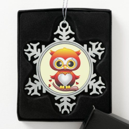 Baby Owl Love Heart Cartoon  Snowflake Pewter Christmas Ornament