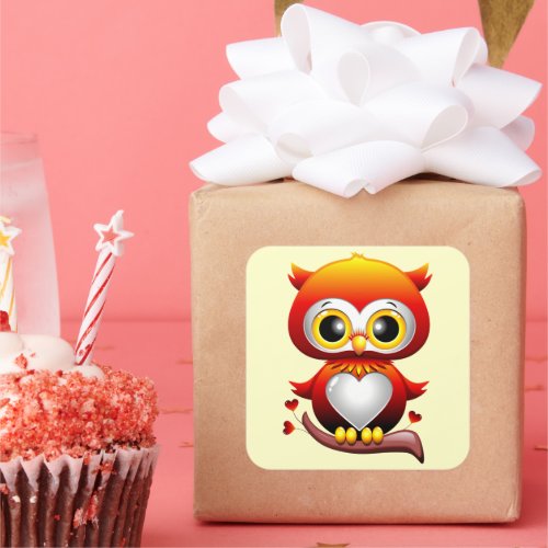 Baby Owl Love Heart Cartoon  Square Sticker