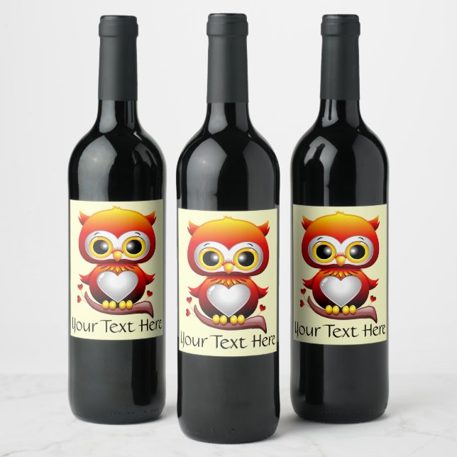 Baby Owl Love Heart Cartoon  Wine Label (Bottles)