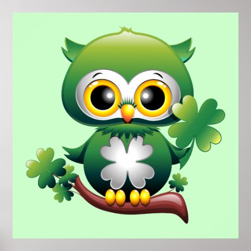 Baby Owl St Patrick Cartoon Poster