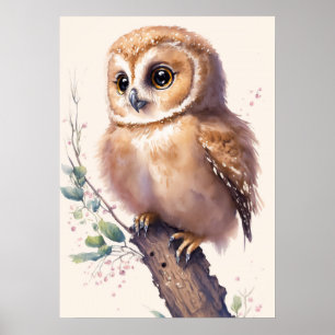 Baby Owl Watercolor Nursery Poster