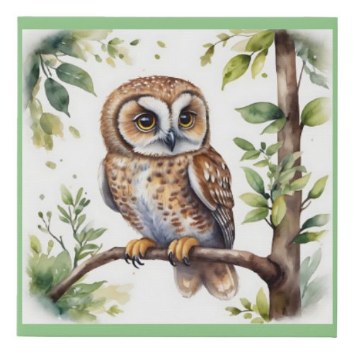 Baby owl watercolor on  faux canvas print