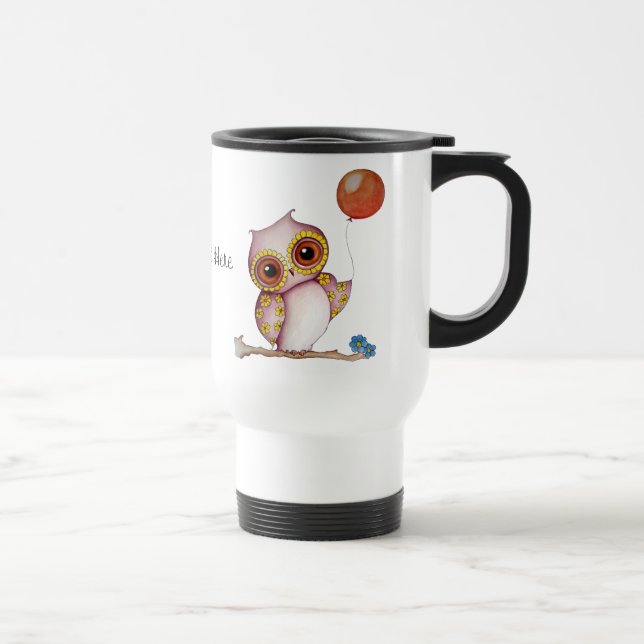 Baby Owl with Balloon Customizable Travel Mug (Right)