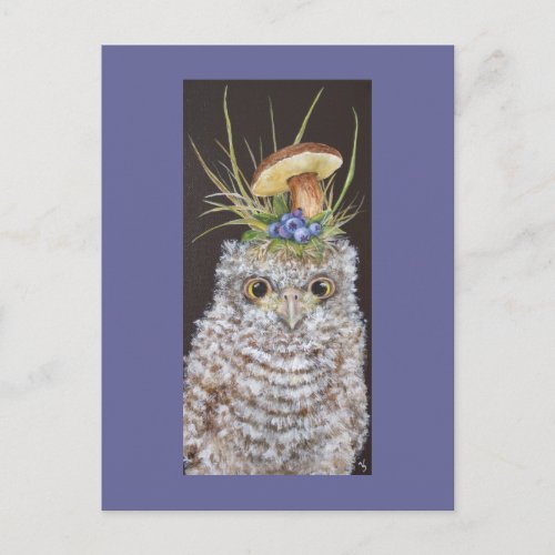 baby owl with blueberries and mushroom hat postcard