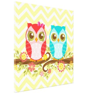 Baby Owls Girl and Boy - Stretched Canvas Wall Art Canvas Print