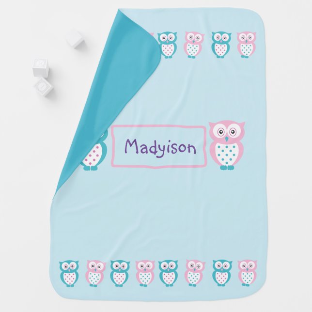 Baby Owls Name Blanket Monogram Pink Teal Blue (In Situ)