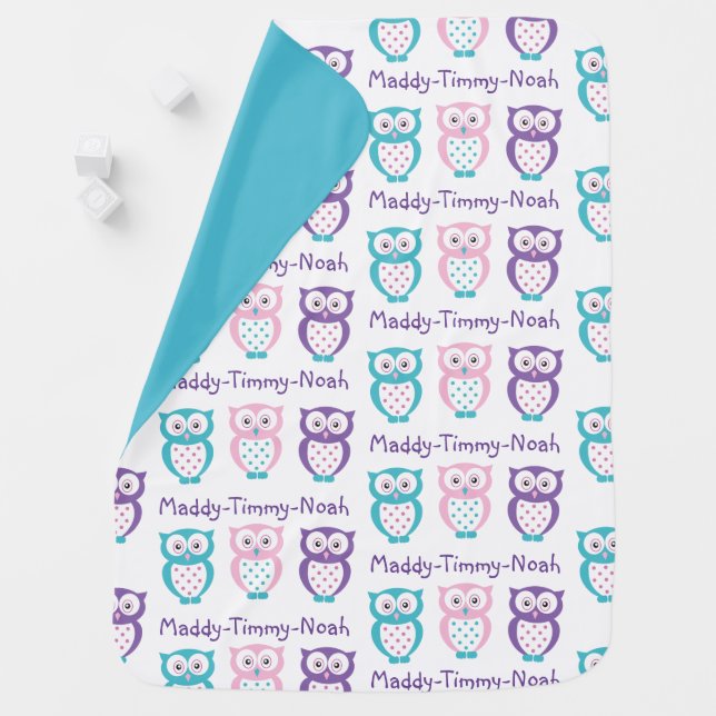 Baby Owls Name Blanket Monogram Pink Teal Purple (In Situ)