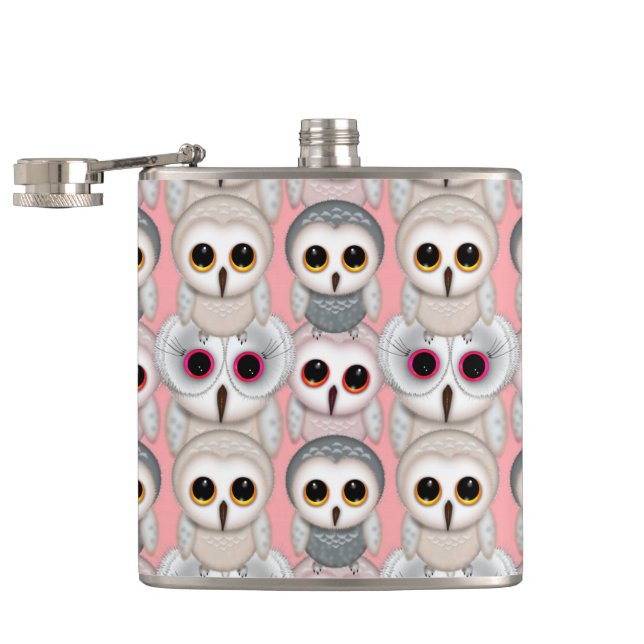 Baby Owls On Pale Pink Background Pattern Hip Flask (Opened)