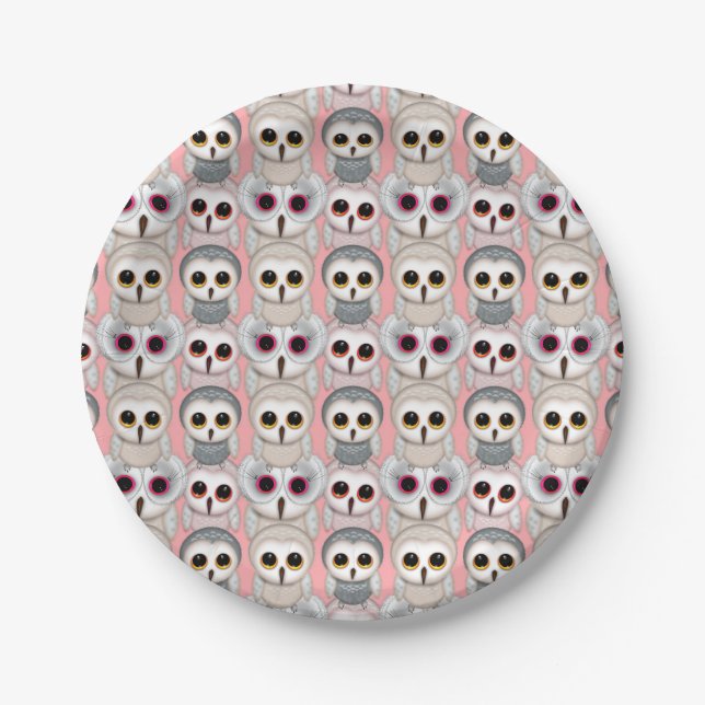 Baby Owls On Pale Pink Background Pattern Paper Plates (Front)