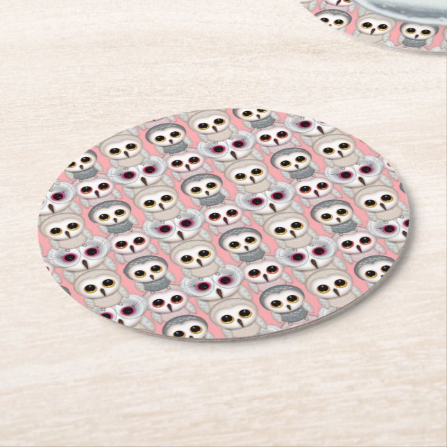 Baby Owls On Pale Pink Background Pattern Round Paper Coaster (Angled)