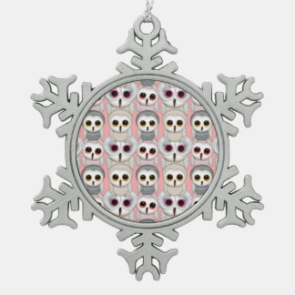 Baby Owls On Pale Pink Background Pattern Snowflake Pewter Christmas Ornament