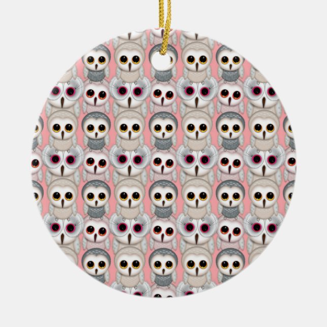 Baby Owls on Pink Pattern Ceramic Ornament (Front)