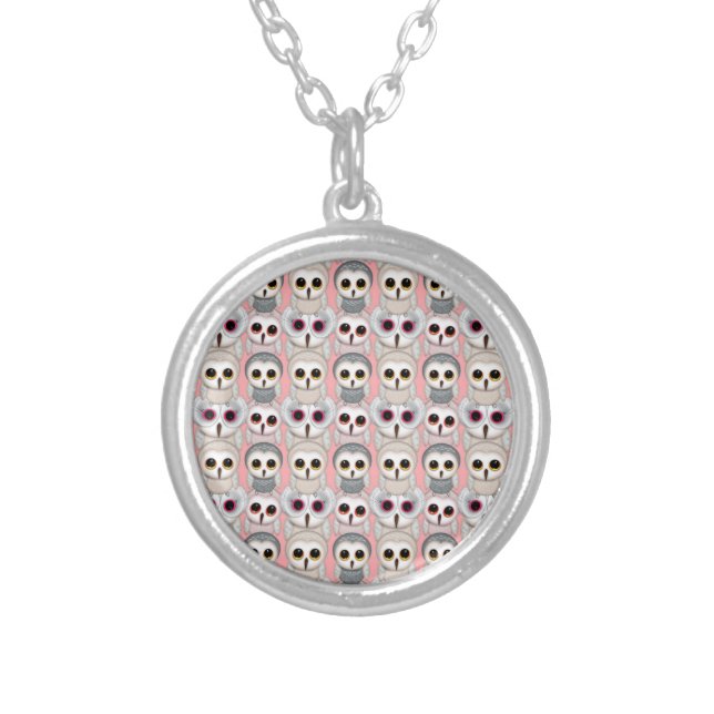 Baby Owls on Pink Pattern Silver Plated Necklace (Front)