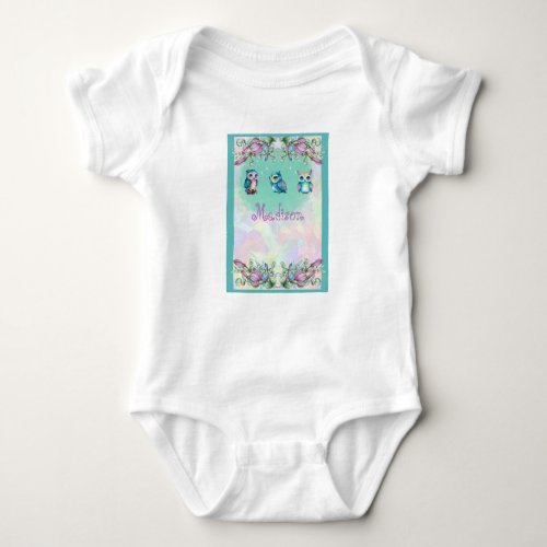 Baby owls with flowers and stars baby bodysuit