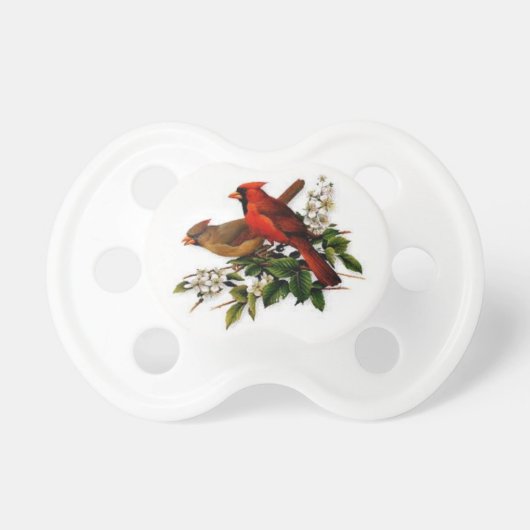 Baby pacifier with beautiful cardinal birds. (Front)