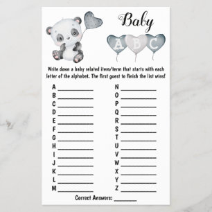 Baby Panda ABC Baby Shower Game Card Flyer