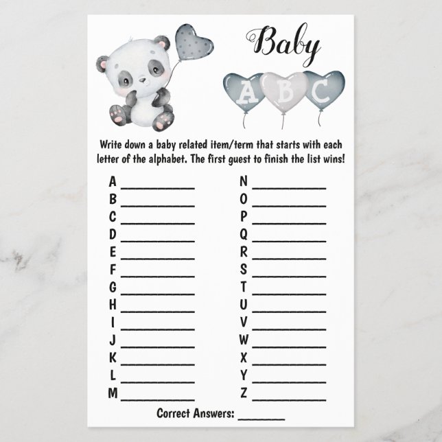 Baby Panda ABC Baby Shower Game Card Flyer (Front)